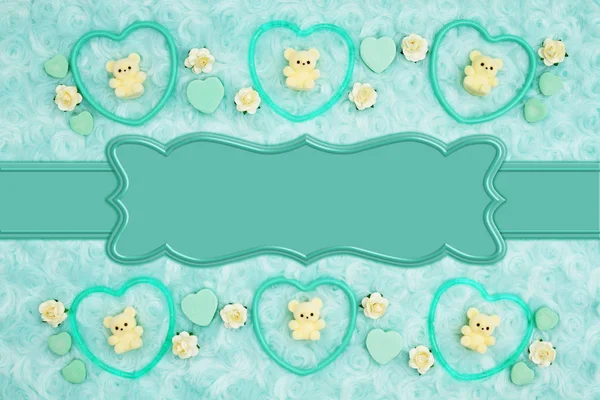 Teal Frame Hearts Teddy Bears Rose Buds Pale Teal Rose — Stock Photo, Image