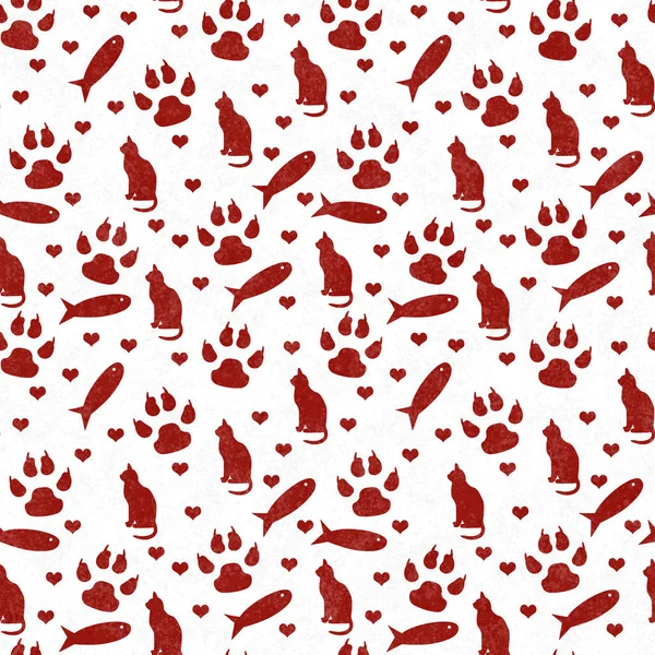 Red White Cat Paw Prints Fish Hearts Seamless Repeat Pattern — Stock Photo, Image