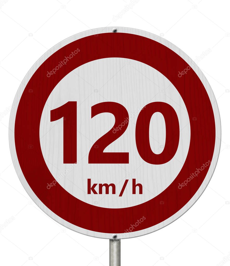 Red and white 120 km speed limit European style sign isolated over white
