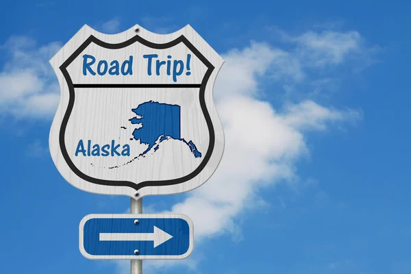 Znak Autostrady Alaska Road Trip Mapę Alaska Tekst Road Trip — Zdjęcie stockowe