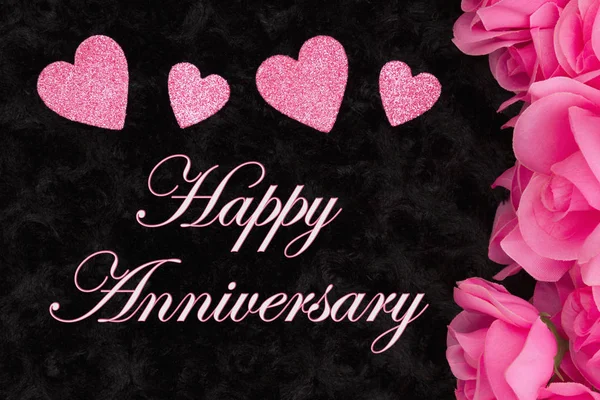 Happy Anniversary pozdrav s růžovou růží — Stock fotografie
