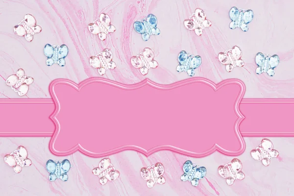 Pink and blue glass butterflies with flowers on pink watercolor — Stock Photo, Image