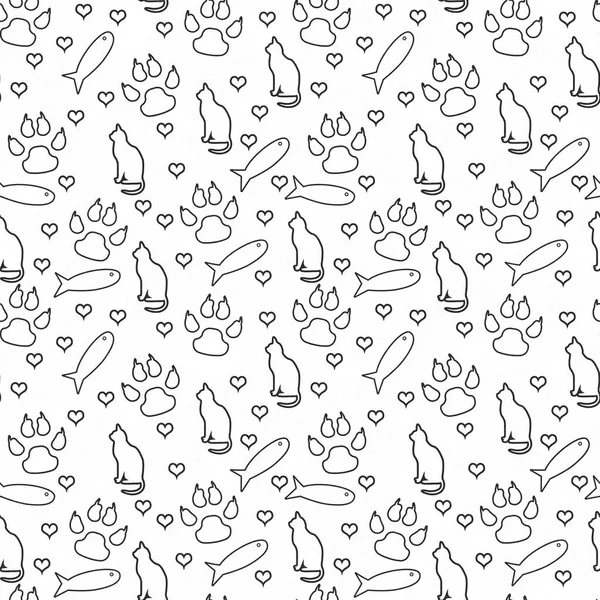 Schwarz-weiße Katze, Pfotenabdrücke, Fische und Herzen nahtlos und — Stockfoto
