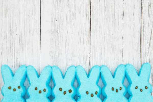 Blue candy bunnies on weathered whitewash textured wood backgrou — Stock Photo, Image