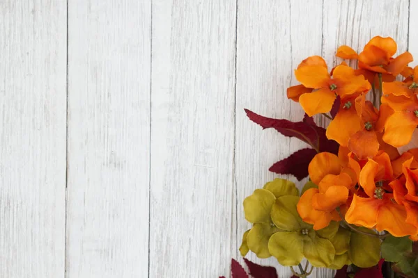 Orange and red fall flowers on weathered whitewash textured wood