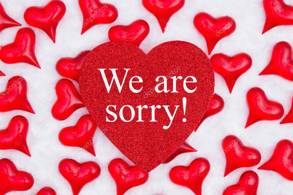 We are sorry message on glitter heart with red hearts on white f