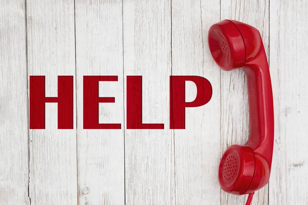 Calling for help message with retro red phone handset on weather — Stock Photo, Image