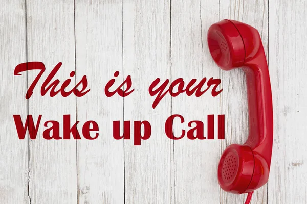 Despierta el texto de llamada con el auricular rojo retro —  Fotos de Stock