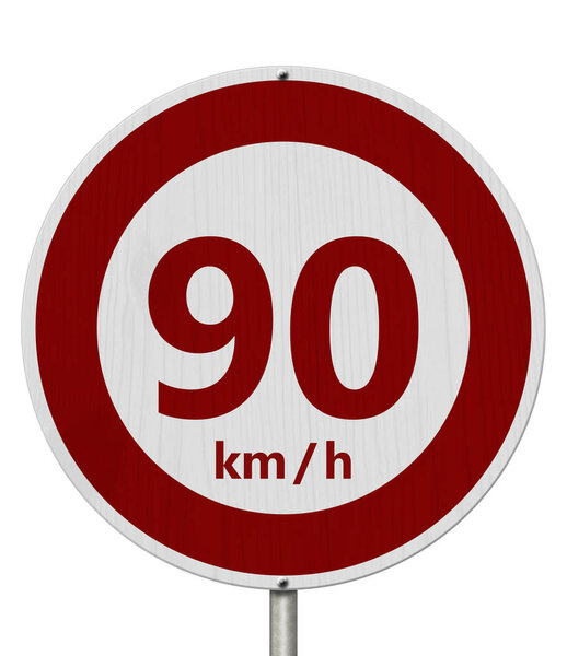 Red and white 90 km speed limit sign