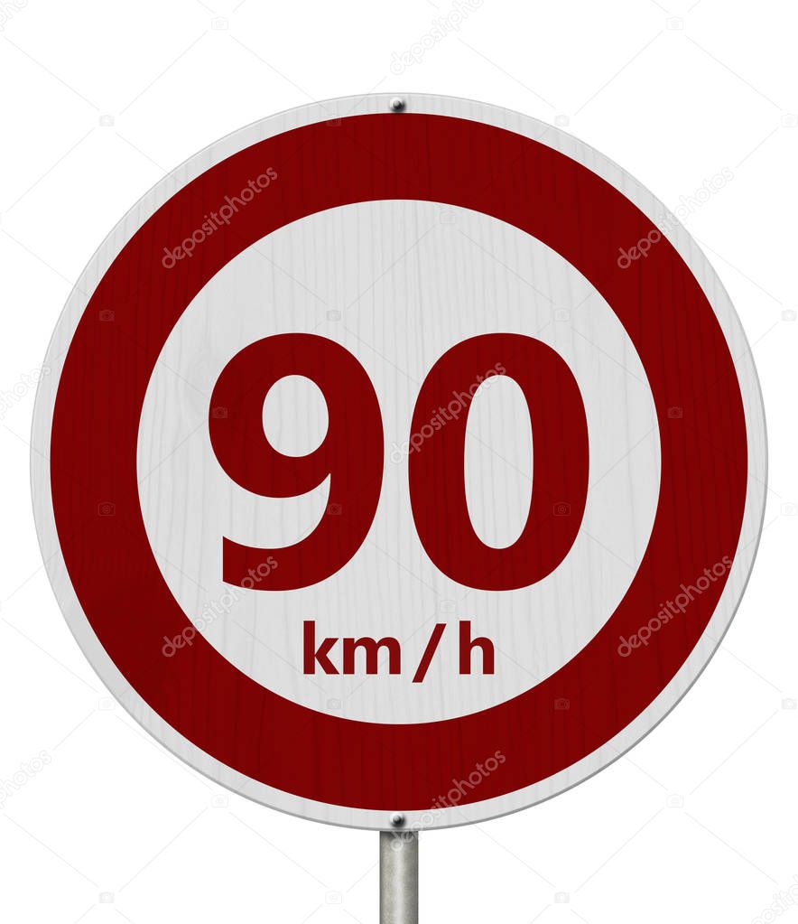 Red and white 90 km speed limit sign
