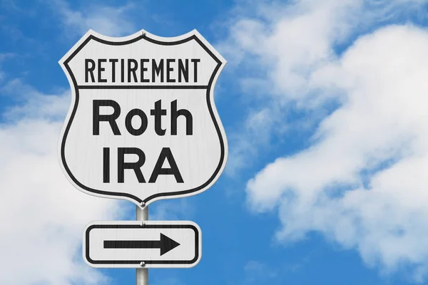 Retirement with Roth IRA plan route on a USA highway road sign — Stock Photo, Image
