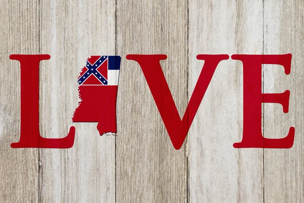 Message d'amour Mississippi avec la carte de l'État du Mississippi dans le M — Photo