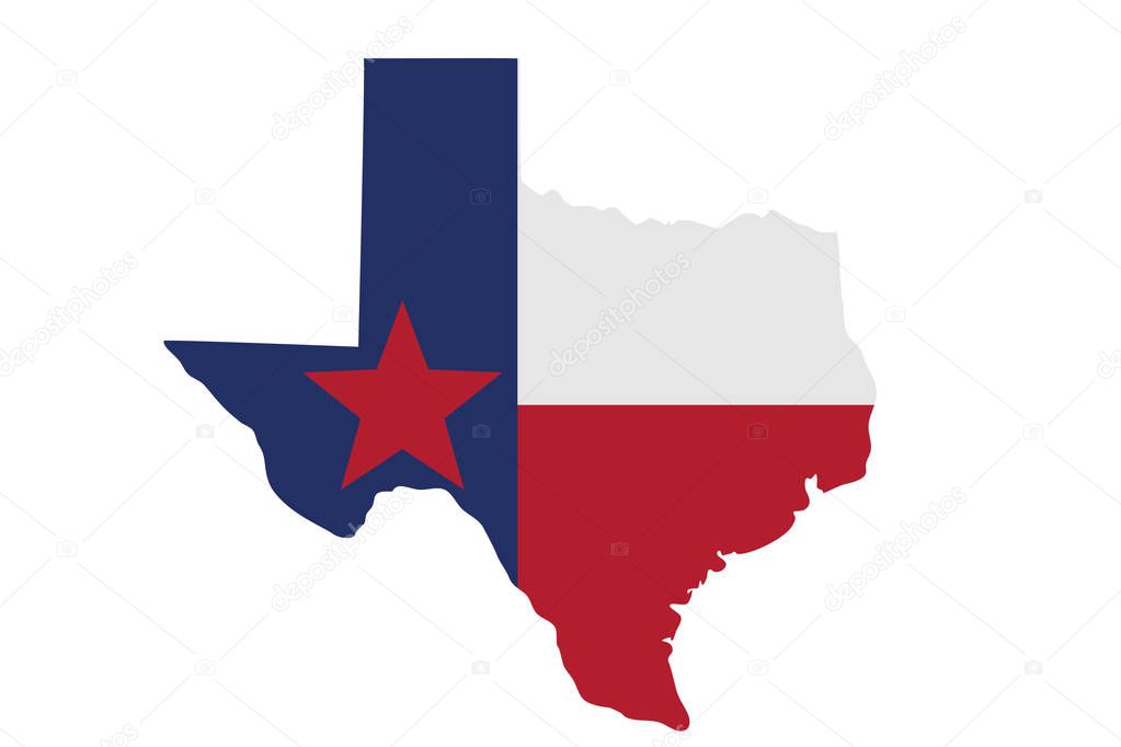 Map of Texas in the Texas flag colors isolated over white