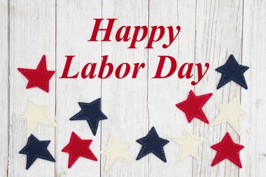 Vatansever kırmızı, beyaz ve mavi yıldız ile Happy Labor Day metin