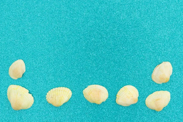 Seashells on a turquoise glitter background