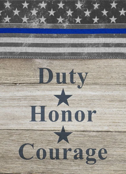 American thin blue line flag duty honor courage text — Stock Photo, Image