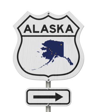 Alaska haritası ve abd otoyol yol tabelasında eyalet bayrağı