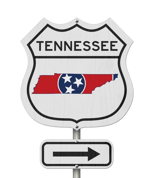 Mapa do Tennessee e bandeira do estado em um sinal da estrada da estrada dos EUA — Fotografia de Stock