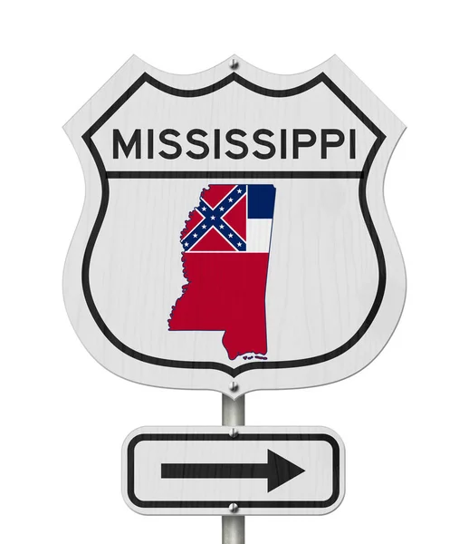 Mapa do Mississippi e bandeira do estado em um sinal da estrada da estrada dos EUA — Fotografia de Stock