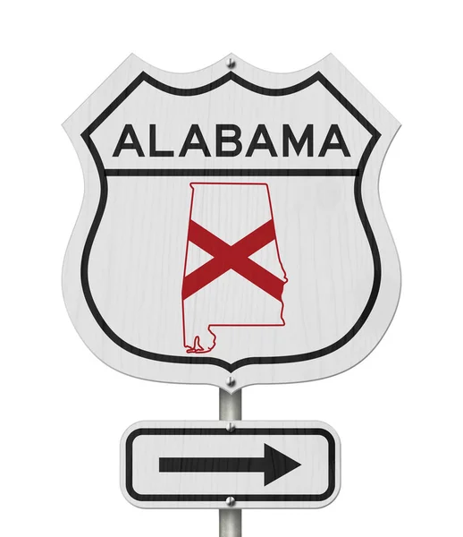 Alabama kaart en staat vlag op een USA Highway Road teken — Stockfoto