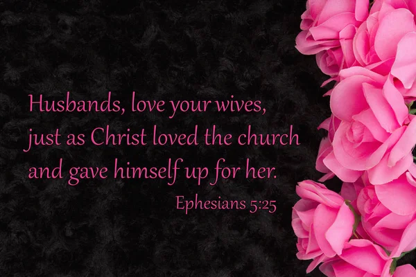 Love religious Ephesians 5:25 message with pink roses on black — Stock Photo, Image