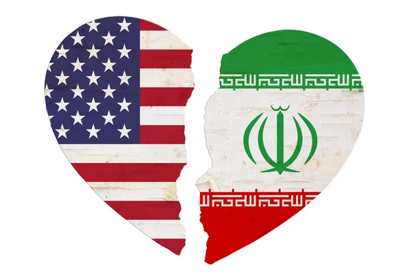 USA och Iran flaggor i ett brustet hjärta — Stockfoto