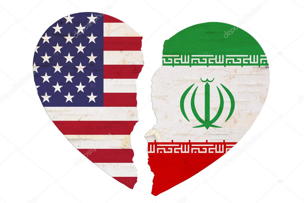 USA and Iran flags in a broken heart