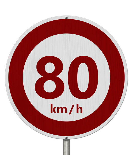 Red and white 80 km speed limit sign