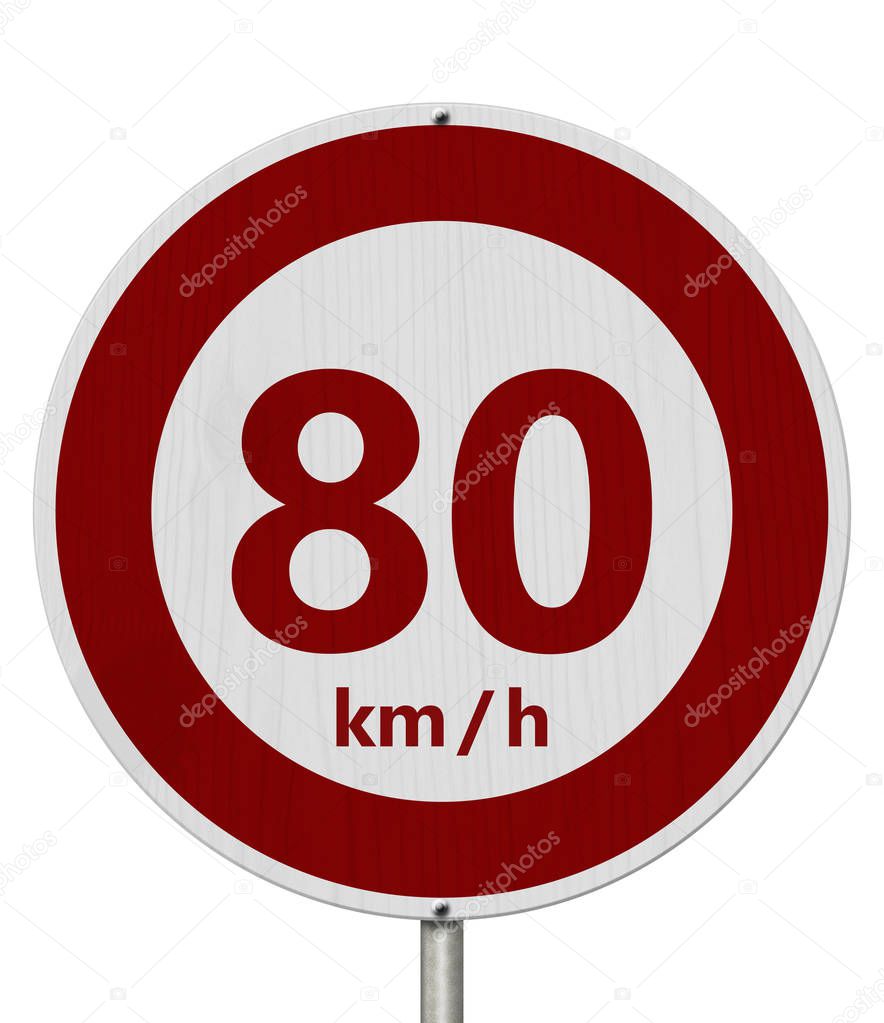 Red and white 80 km speed limit sign
