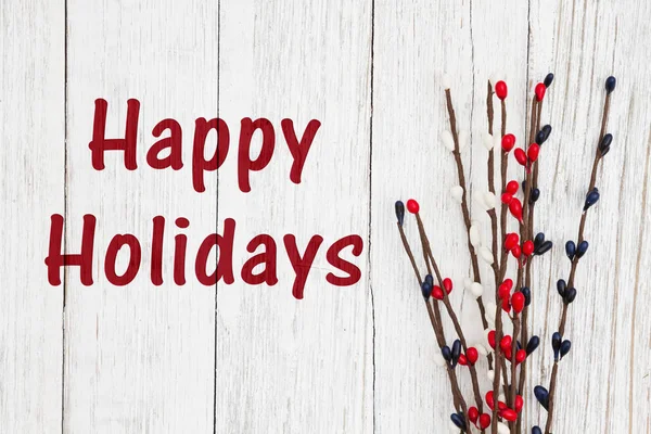 Happy Holidays texto com spray de baga vermelho, branco e azul — Fotografia de Stock