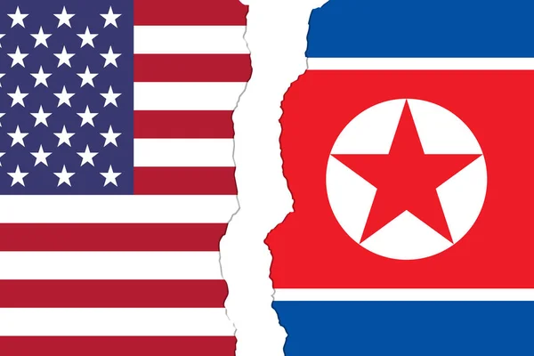 USA and North Korea flags that are torn apart