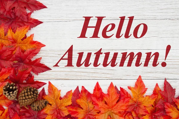 Послание Hello Autumn с красными и оранжевыми осенними листьями с соснами c — стоковое фото