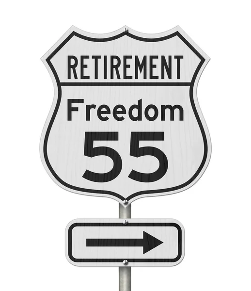 Ritiro con Freedom 55 percorso piano su un cartello stradale autostradale USA — Foto Stock