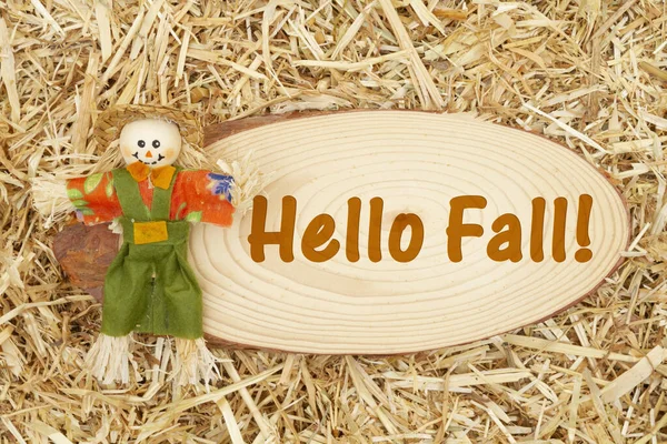Hello Podzimní zpráva se strašákem a slámou — Stock fotografie