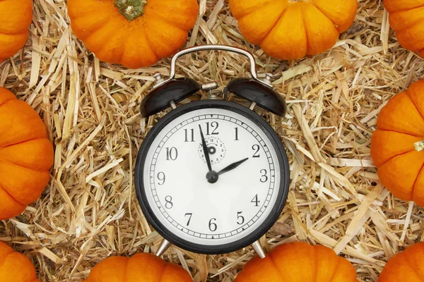It is fall time with alarm clock and orange pumpkins