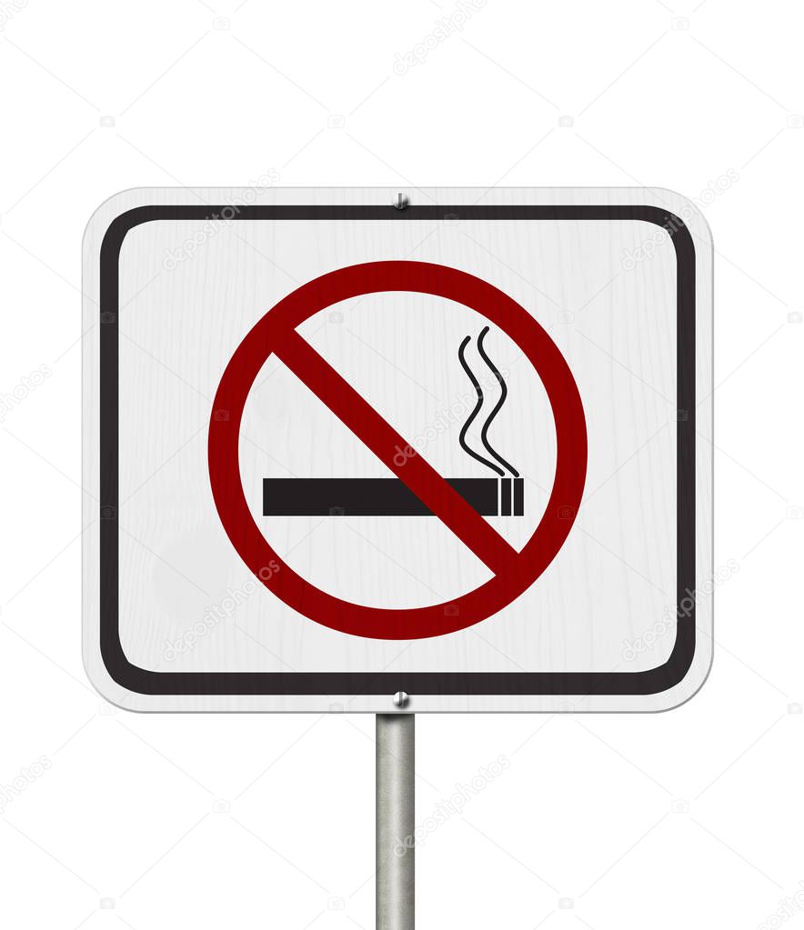 No smoking white road sign with a cigarette and smoke icon