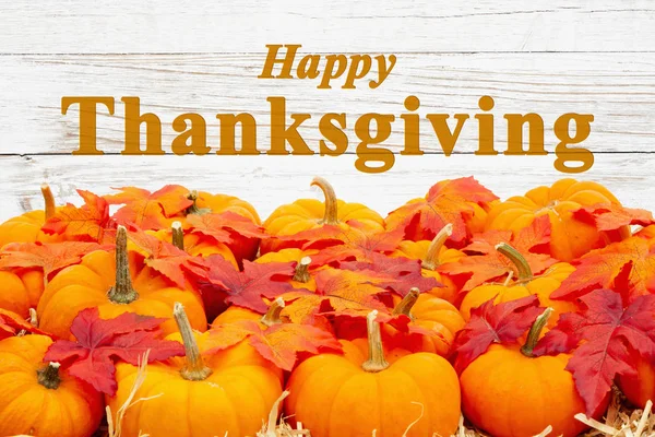 Happy Thanksgiving greeting with orange pumpkins with fall leave — Stock Photo, Image