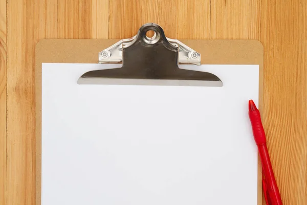 Clipboard Blank Paper Pen Pine Wood Desk Top View Copy — Stock Photo, Image