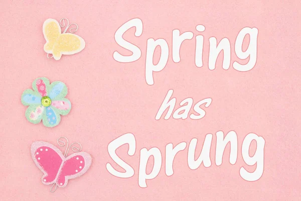 Frühlingsbotschaft Mit Uhr Und Schmetterlingen Und Blume Auf Rosa Filzstoff — Stockfoto