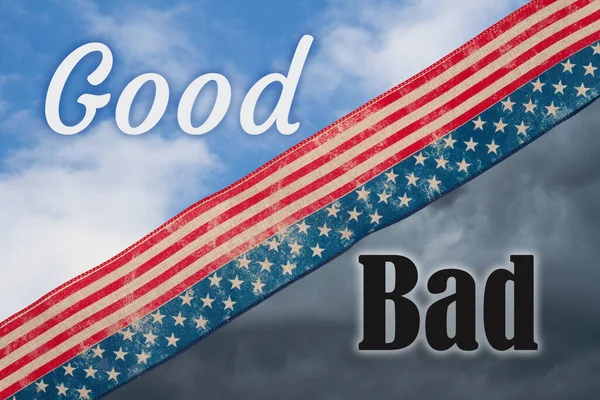 America divided message with good bad type with retro USA stars and stripes burlap ribbon with bright and stormy sky