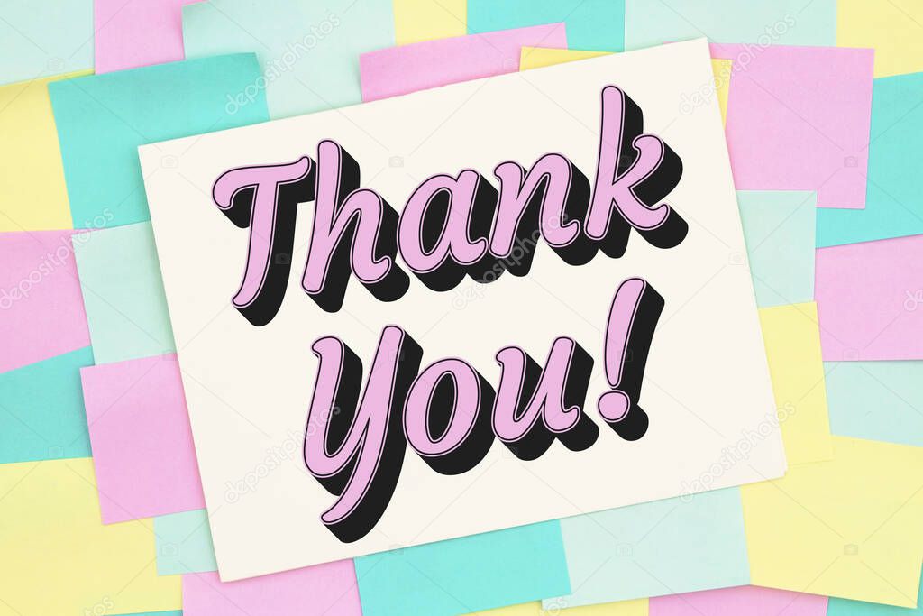 Thank you type message on a greeting card with multi-color sticky notes 