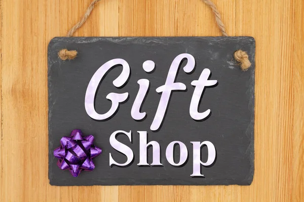 Gift Shop Type Message Hanging Chalkboard Sign Purple Gift Bow — Stock Photo, Image