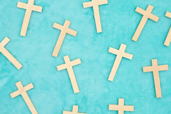 Unfinished Light Wood Cross Blue Plush Material Religious Background — Stock Photo, Image