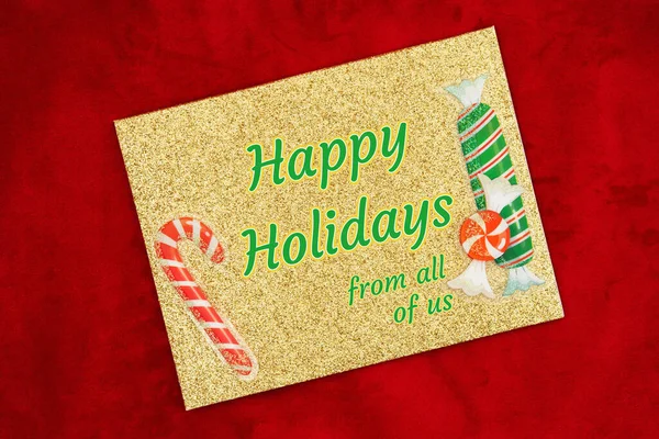 Happy Holidays Greeting Card Candy Cane Red Plush Fabric — Stock Photo, Image