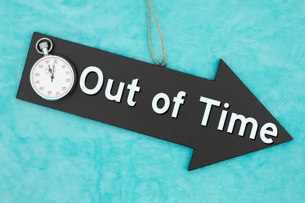 Out Time Type Message Hanging Arrow Chalkboard Sign Stopwatch Blue — Stock Photo, Image