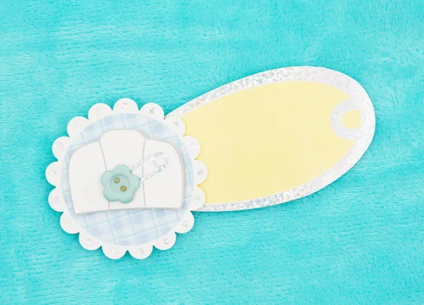 Etiqueta Presente Bebê Branco Mockup Material Pelúcia Teal Com Espaço — Fotografia de Stock