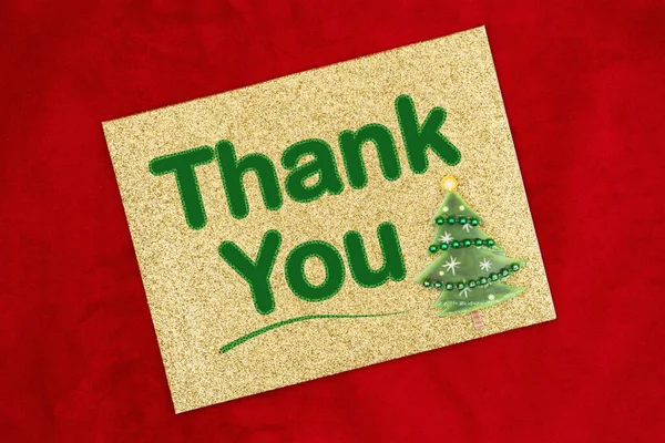 Thank You Gold Glitter Greeting Card Christmas Tree Red Plush — Stock Photo, Image