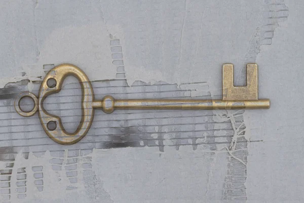 Ročník Retro Bronzový Kostra Klíč Šedém Grunge Materiálu — Stock fotografie