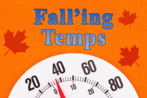 Falling Temps Word Message Closeup Thermometer Degrees Leaves Bright Orange — Stock Photo, Image