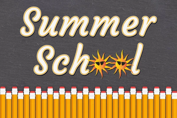 Summer School Word Message Old Grunge Black Chalkboard Pencil Border — Stock Photo, Image